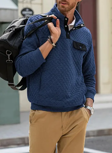 Vista 7 de JMIERR Sudadera acolchada para hombre, casual, de manga larga, cuello alto, con botones