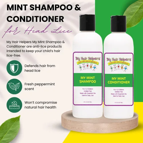 Vista 6 de My Hair Helpers - Paquete de champú y acondicionador de defensa y prevención de piojos para niños, aroma a menta, seguro para uso diario, funciona