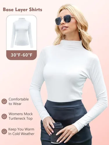 Vista 3 de EXCELLENT THERMAL Camisetas de manga larga con cuello alto falso para mujer, ajuste delgado, capa base suave, ropa interior térmica