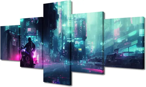Vista 79 de Póster de 5 paneles en lienzo para decoración de pared, diseño de centro urbano Cyberpunk, impresión moderna, decoración de pared para el hogar
