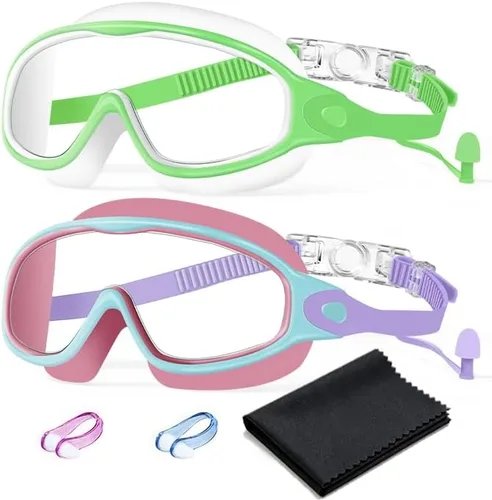 Vista 9 de Paquete de 2 gafas de natación antivaho, anti-UV, visión amplia, sin fugas, para niños de 3 a 15 años con tapones para los oídos