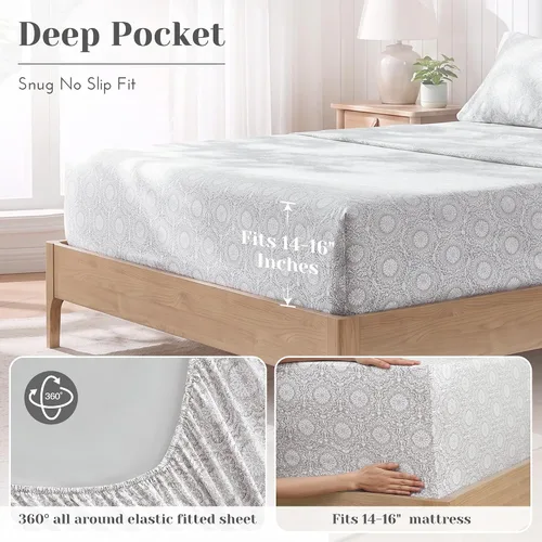 Vista 5 de Comfort Spaces Juego de sábanas de percal 100% algodón, 4 piezas, color Adelia Gris
