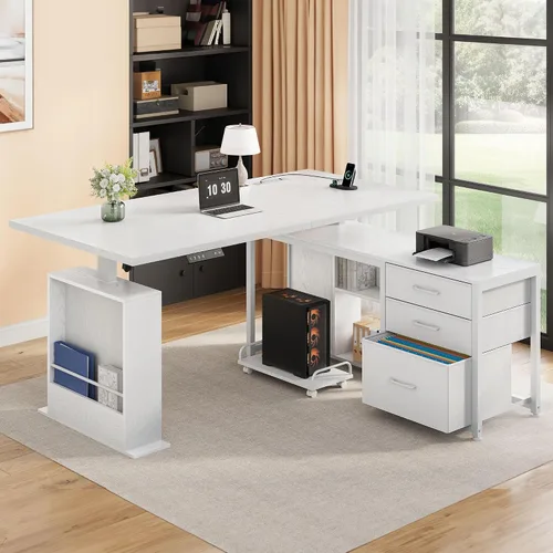 Vista 11 de 47 Inch L Shaped Desk with 3 Drawers Electric Standing Desks with Storage Computer Table Adjustable Height with Power Outlets 4 Memory Presets for