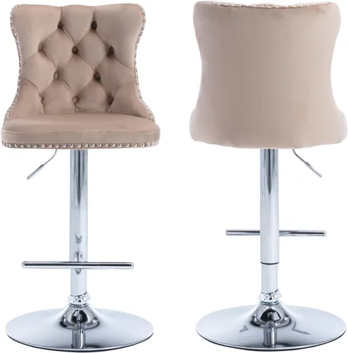 Vista 23 de Juego de 2 taburetes de bar beige, taburetes de bar tapizados ajustables con respaldo y reposapiés dorado, modernos taburetes de bar giratorios
