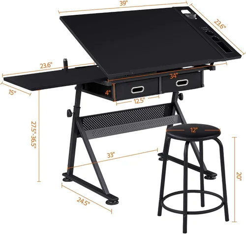 Vista 3 de Yaheetech Mesa de dibujo para artistas, escritorio de dibujo de altura ajustable, escritorio de arte/manualidades, estación de trabajo de pinturas