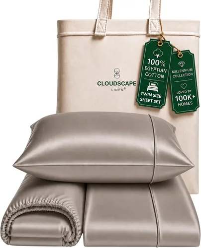 Vista 30 de Cloud Scape Linen - Juego de sábanas de algodón egipcio de doble capa, tamaño individual, tejido de satén de fibra larga, juego de 3 piezas, ropa