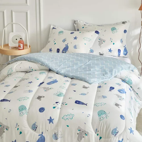 Vista 3 de Joyreap Juego de edredón de algodón premium de 3 piezas para niños y niñas, tema oceánico vibrante con estampado de estrella de mar, ballena