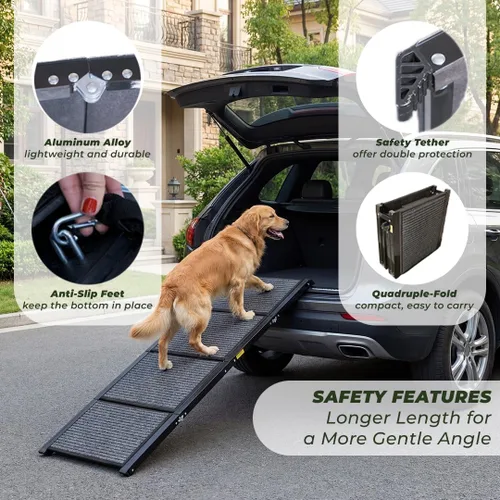 Vista 4 de Paquete de rampa para perros para viaje en automóvil, rampa plegable antideslizante de 63 pulgadas + funda de asiento trasero impermeable + 15