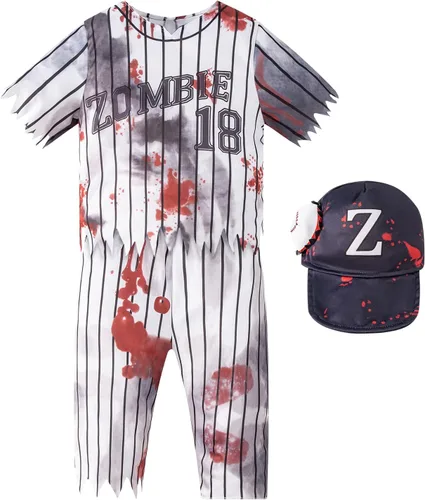 Vista 2 de Scary Boys Home Run - Jugador de béisbol de terror Zombi para niños, disfraz de Halloween para juegos de rol, aterrador para niños, fiestas
