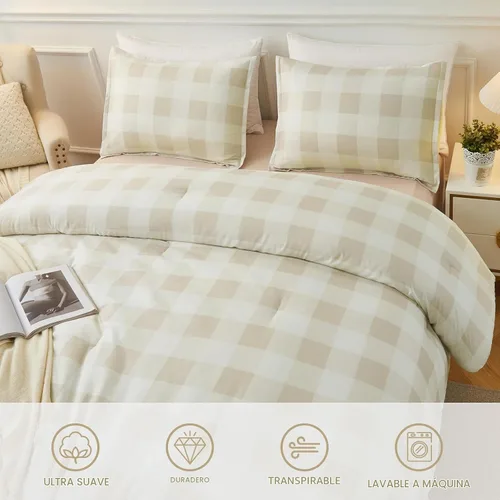 Vista 3 de Andency - Juego de cama tamaño individual con diseño de cuadrícula color beige (66 x 90 pulgadas), 2 piezas