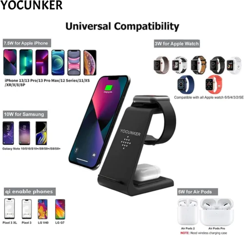 Vista 2 de Cargador inalámbrico para iPhone, YOCUNKER 3 en 1 Qi estación de carga inalámbrica rápida para múltiples dispositivos Apple Watch Series