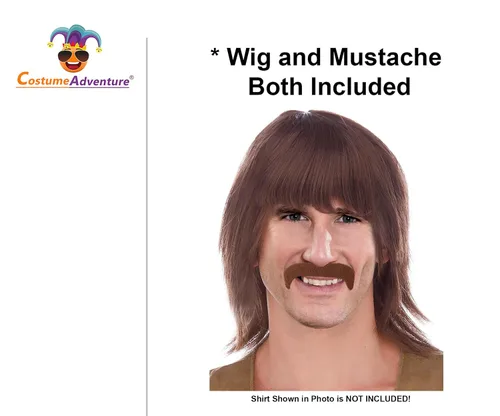 Vista 2 de Peluca hippie marrón para hombre con bigote, peluca Sonny y bigote, pelucas hippie para hombres, peluca hippie de los años 60 para hombres