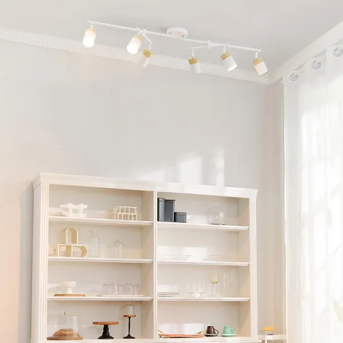 Vista 4 de Globe Electric 64000055 - Iluminación de riel de 6 luces de 42", barra central doble giratoria, color blanco mate, acentos en tono madera, luz