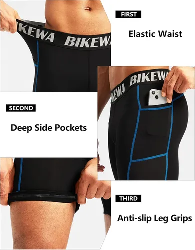 Vista 5 de Bikewa Pantalones cortos de ciclismo acolchados 3D para hombre, ropa interior de ciclismo de montaña para bicicleta MTB con bolsillos laterales