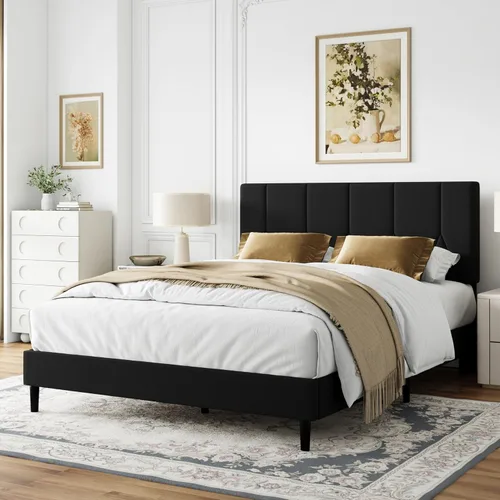 Vista 10 de IOILORI Base de cama tamaño matrimonial con cabecera tapizada de terciopelo, listones de madera resistentes, sin caja de resortes, sin ruido, fácil