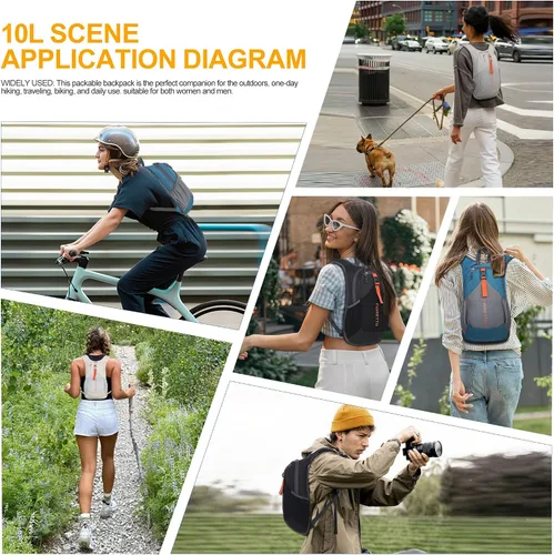 Vista 8 de FIORETTO Mochila de 15L para senderismo para mujeres y hombres, mochila mini plegable, mochila ligera pequeña para acampar, viajar, actividades al