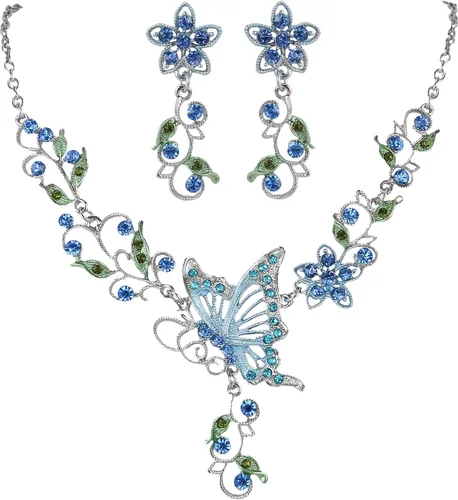 Vista 11 de EleQueen Conjunto de collar y pendientes de mariposa, flor y hoja de cristal austriaco para mujer Negro