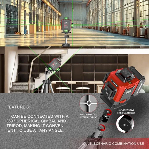 Vista 4 de Nivel láser 360 autonivelante con trípode, nivel WEIDDW 4D Lazer, láser de línea cruzada de 4 x 360° para renovación de proyectos de construcción