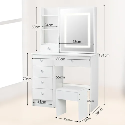 Vista 2 de Escritorio blanco cálido con espejo iluminado LED, mesa de tocador de maquillaje con armario izquierdo iluminado, 6 cajones y taburete, tocador