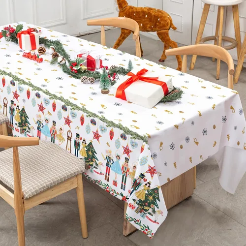 Vista 4 de AnyDesign - Mantel rectangular de tela de cascanueces lavable para picnic, cena, hogar, cocina, decoración de fiesta de Navidad, 60 x 104 pulgadas
