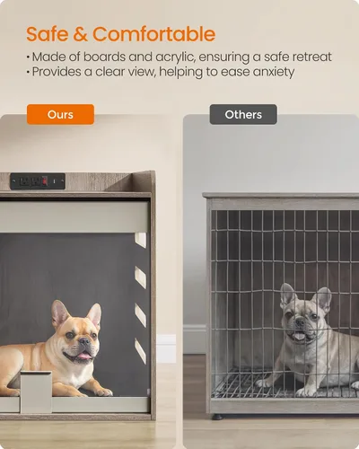 Vista 5 de Feandrea Mueble moderno para perros con estación de carga, pequeña perrera interior con puerta acrílica oculta abatible, para perros pequeños