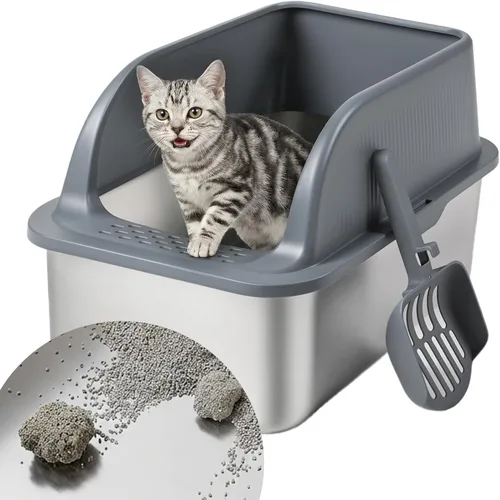 Vista 10 de Caja de arena cerrada de acero inoxidable para gatos con tapa y alfombra, caja de arena extra grande para gatos con cajón, caja de metal para gatos