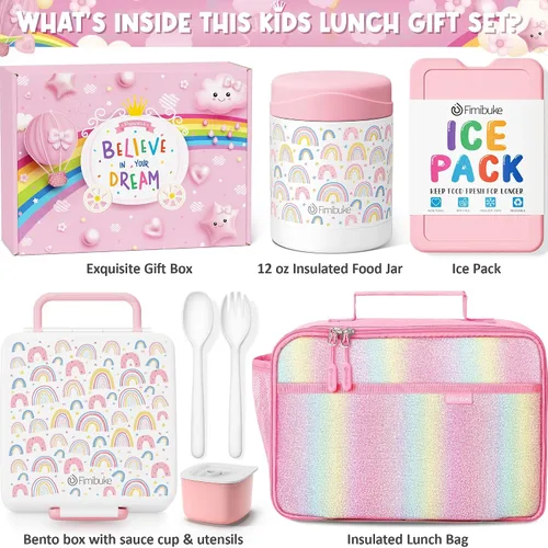 Vista 2 de Fimibuke Lonchera Bento para niños con 4 compartimentos, bolsa de almuerzo aislada, tarro térmico de acero inoxidable al vacío, paquete de hielo
