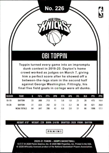 Vista 2 de Panini Hoops #226 Obi Toppin RC Rookie New York Knicks NBA Baloncesto 2020-21