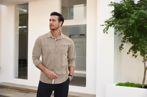 Vista 3 de COOFANDY Camisa de vestir ajustada para hombre, casual, con botones, de manga larga, con bolsillos