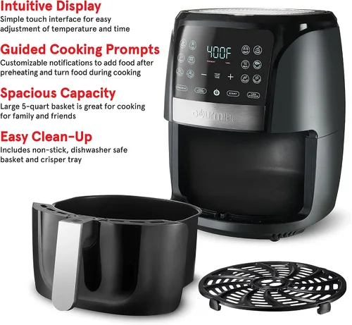 Vista 4 de Gourmia Horno Freidora de Aire con Pantalla Digital de 5 Cuartos, Freidora de Aire Grande, 12 Ajustes Preestablecidos de Cocción Táctiles, Cesta
