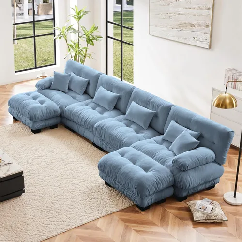 Vista 12 de Sofá modular en forma de U de 118 pulgadas con 2 otomanas, sofá de nube de terciopelo peletizado con almohadas de apoyabrazos de refuerzo, cómodo