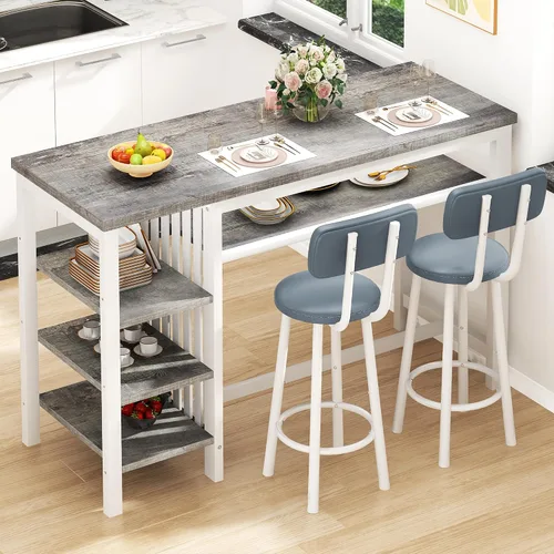 Vista 10 de DKLGG Juego de mesa de comedor para 2, juego de comedor rústico a altura de bar con almacenamiento y taburetes de mostrador, mesa de isla para Marrón