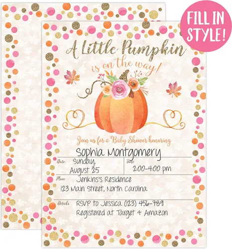 Vista 2 de Invitaciones para baby shower de otoño con diseño de calabaza, sobres de tamaño A7 incluidos, cartulina pesada de alta calidad, dos caras, diseño