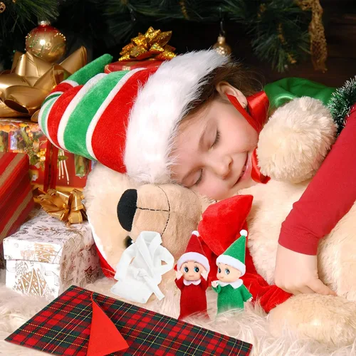 Vista 5 de Skylety 2 muñecas de Navidad, gemelas, rojo y verde, 1 saco de dormir de Navidad a cuadros rojos y 1 bata de baño de muñeca, accesorios de Navidad