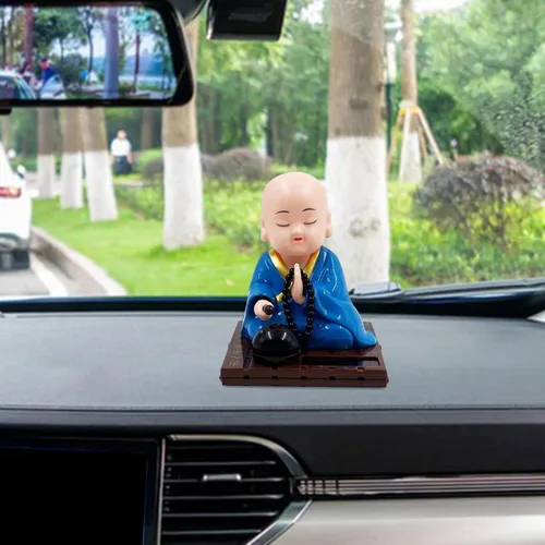 Vista 6 de Gralara Figura de pequeño monje, juguetes solares bailando muñecas con cabeza agitada, adorno de coche de estatua de monjes de Buda, juguete