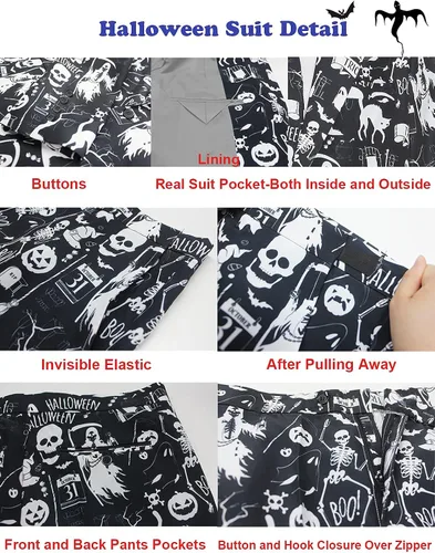 Vista 5 de Traje de Halloween para hombre, disfraz de fiesta para adultos, con diferentes estampados, 3 piezas, chaqueta fea y divertida para hombre, traje
