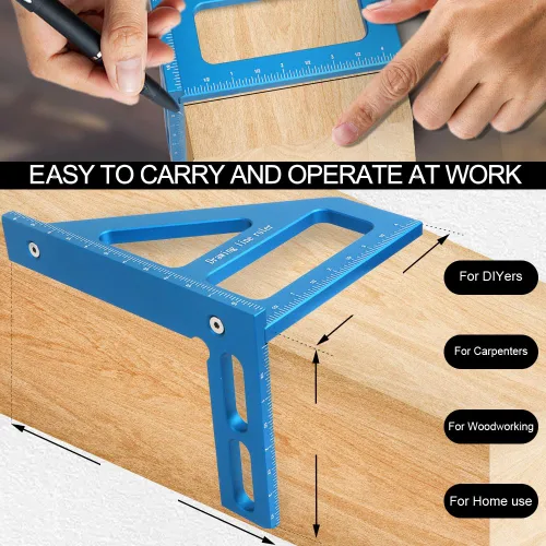 Vista 4 de Regla de medición multiángulo imperial 3D de 6 pulgadas, transportador cuadrado de carpintería de aleación de aluminio de 45/90 grados, línea