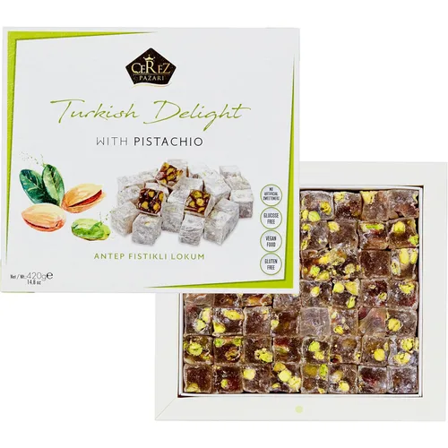 Vista 3 de Cerez Pazari Turkish Delight - Caja de regalo mediana de caramelo de pistacho gourmet de alta calidad, 14.8 onzas, dulce y lujoso, confitería