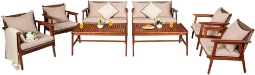 Vista 14 de Tangkula juego de 4 sofás de madera de patio, juego de asientos de madera de acacia para exterior con cojines y mesa de centro, juego de sofá
