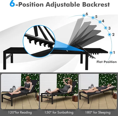 Vista 5 de Tangkula Tumbona de aluminio para patio, sillón ajustable para exteriores con respaldo de 6 posiciones, marco de aluminio resistente, tela Negro