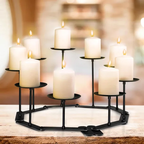 Vista 9 de Candelabro para chimenea: Portavelas de chimenea con 5 placas de pilar de cera - Decoración de centro de mesa de candelabro ajustable - Soporte
