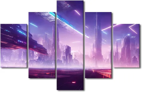 Vista 31 de Póster de 5 paneles en lienzo para decoración de pared, diseño de centro urbano Cyberpunk, impresión moderna, decoración de pared para el hogar