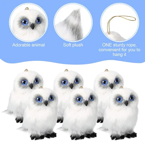 Vista 3 de Skylety 6 piezas de mini búho de peluche de 3.2 pulgadas blanco suave peluche búho animal colgante adorno DIY llavero para regalos de fiesta