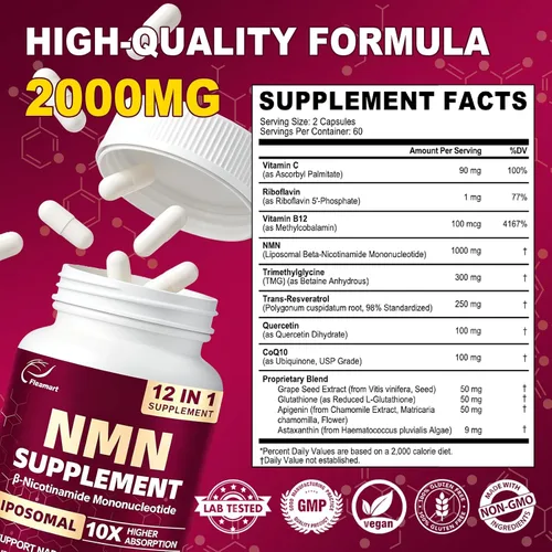 Vista 7 de Suplemento NMN 2000 mg, 120 cápsulas, 12 en 1, energía celular