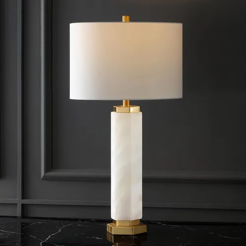 Vista 5 de SAFAVIEH Couture Lighting Collection Lynsey - Lámpara de mesa hecha a mano con alabastro dorado/blanco de 29 pulgadas