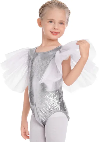 Vista 3 de AFAVOM Leotardos metálicos brillantes de ballet para niñas pequeñas con volantes de tul para gimnasia, disfraz de Halloween y baile