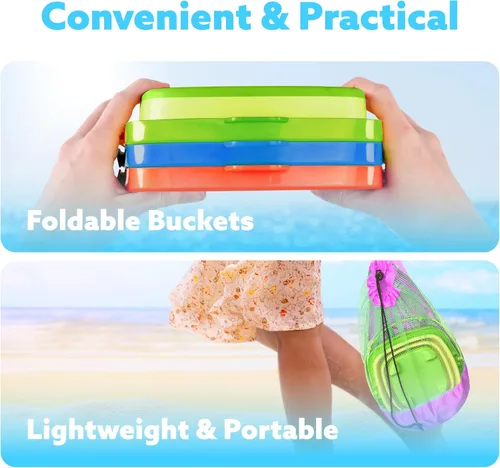 Vista 4 de Sloosh Paquete de 3 juguetes plegables de arena, cubo cuadrado plegable de silicona para playa con 3 palas para jugar en caja de arena, fiesta