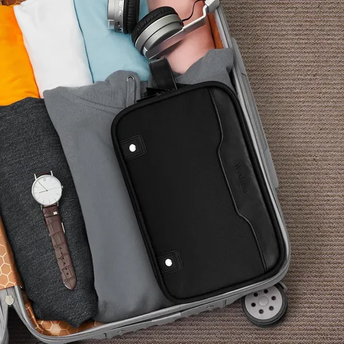 Vista 9 de Bolsa de aseo Wedama para hombres, bolsa de aseo colgante de viaje para viajes de negocios, natación, camping, Negro, M, Classic