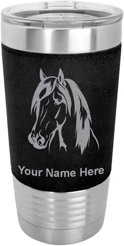 Vista 22 de LaserGram Vaso aislado al vacío de 20 onzas, cabeza de caballo 1, grabado personalizado incluido (cuero sintético, rústico)