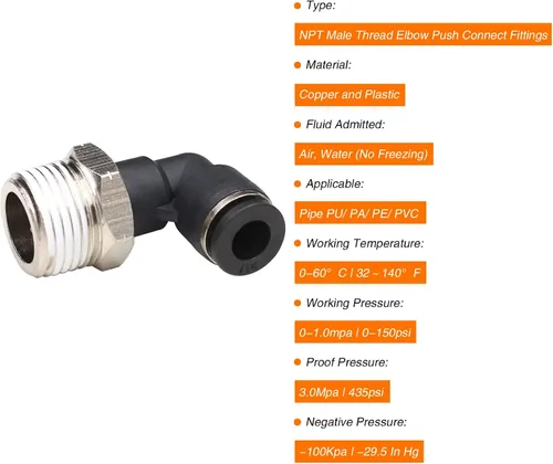 Vista 4 de CEKER 1/2 Codo Macho Conexiones de Líneas Aéreas de Empuje Ajustes de Conexión de Empuje de 90 Grados Ajustes de Aire, PL 1/2 Tubo Od x 1/2" NPT